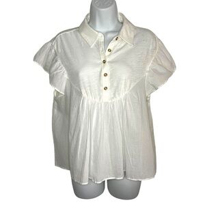Anthropologie Pilcro White Flutter Sleeve Ruffled Babydoll Blouse Sheer XS
